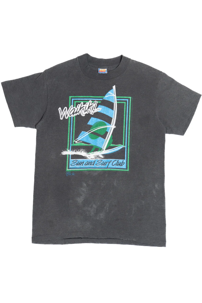 Vintage Distressed "Waikiki Sun And Surf Club" Windsurfing Paper Thin T-Shirt (1980s)