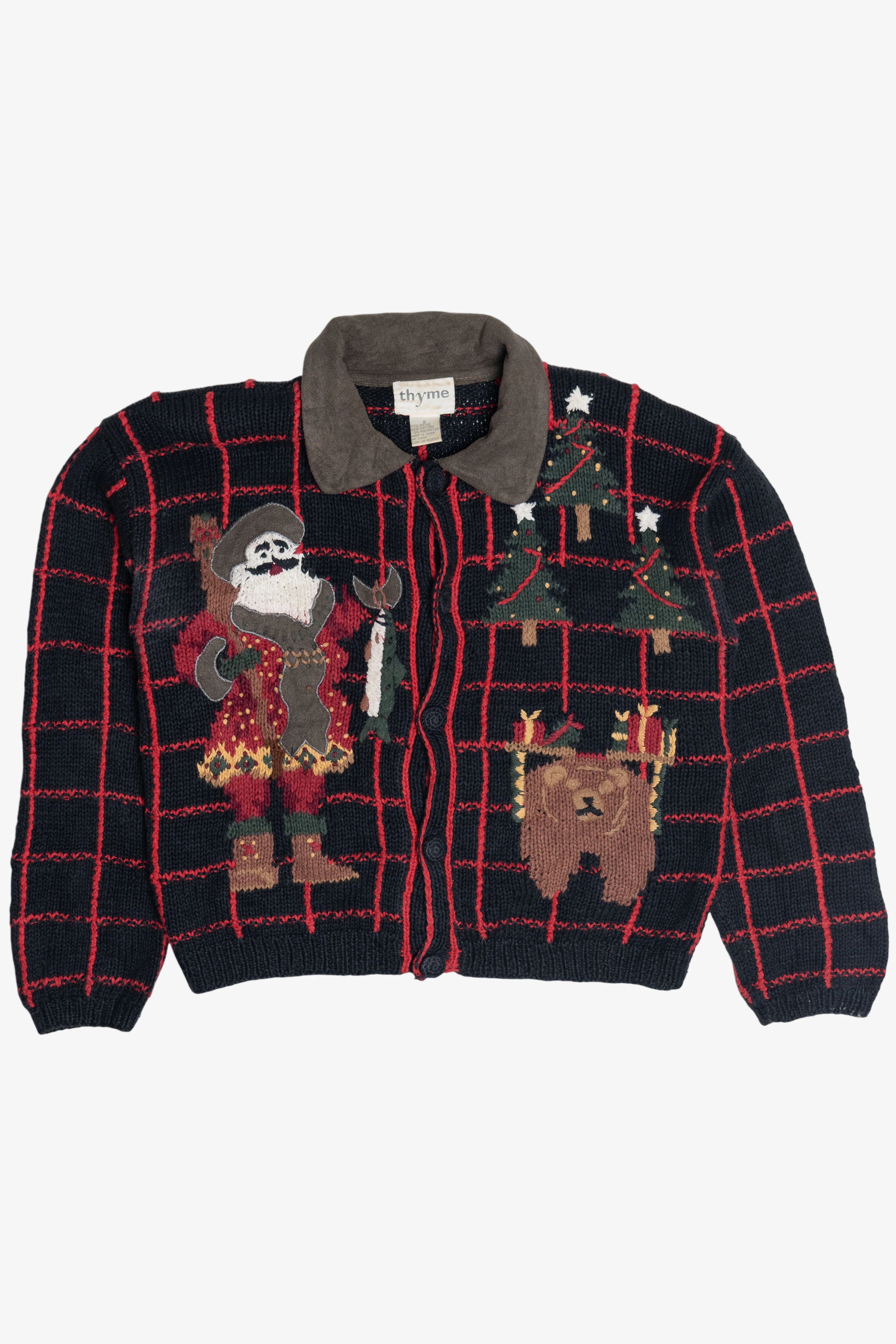 Vintage Fisherman Santa Woodsy Theme Ugly Christmas Cardigan (1990s)