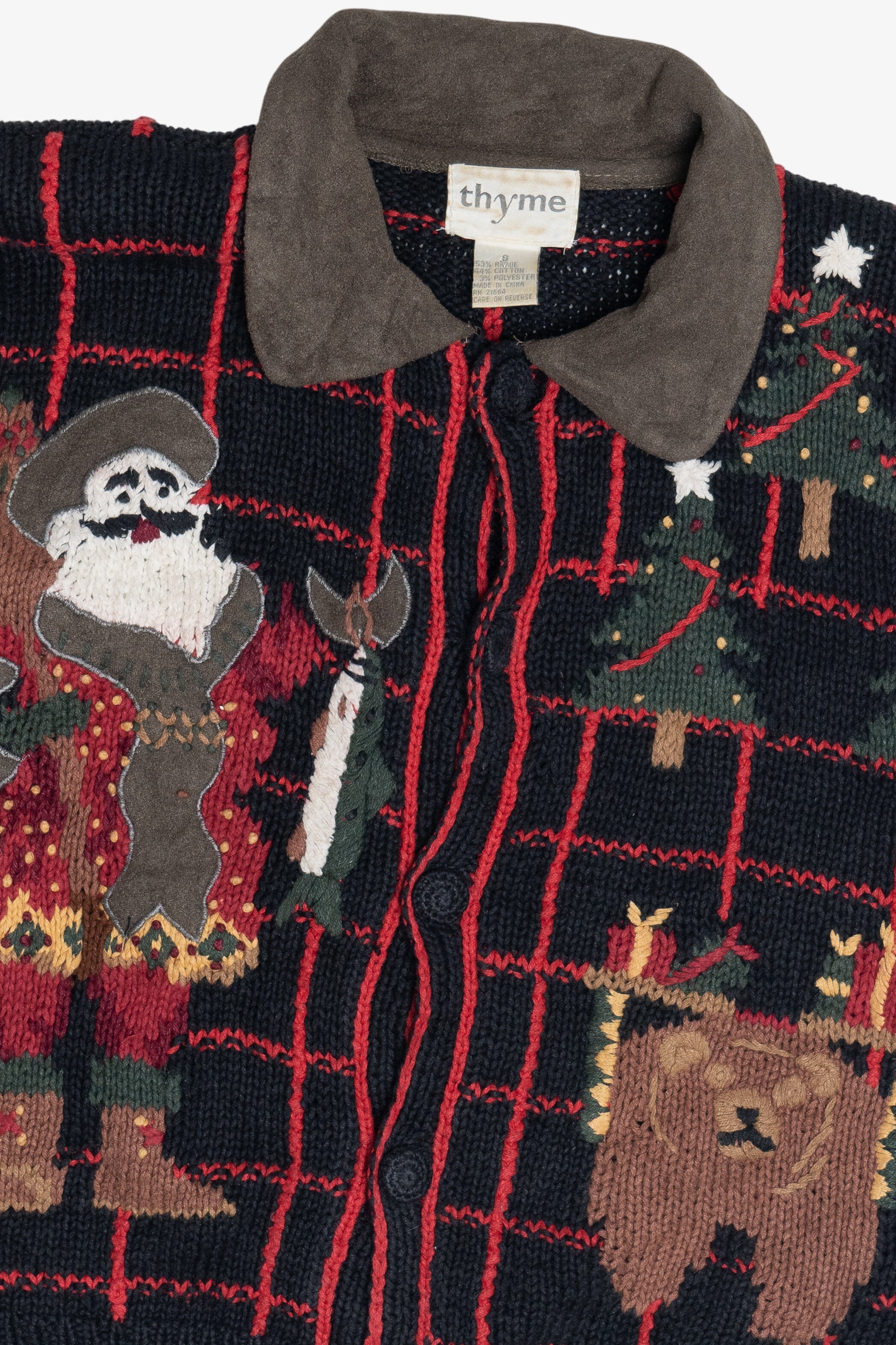 Vintage Fisherman Santa Woodsy Theme Ugly Christmas Cardigan (1990s) - Image 3