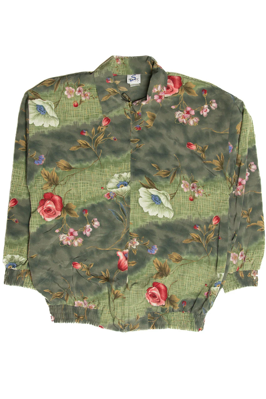 Vintage Floral Green Zip Up Lightweight Jacket - Image 3