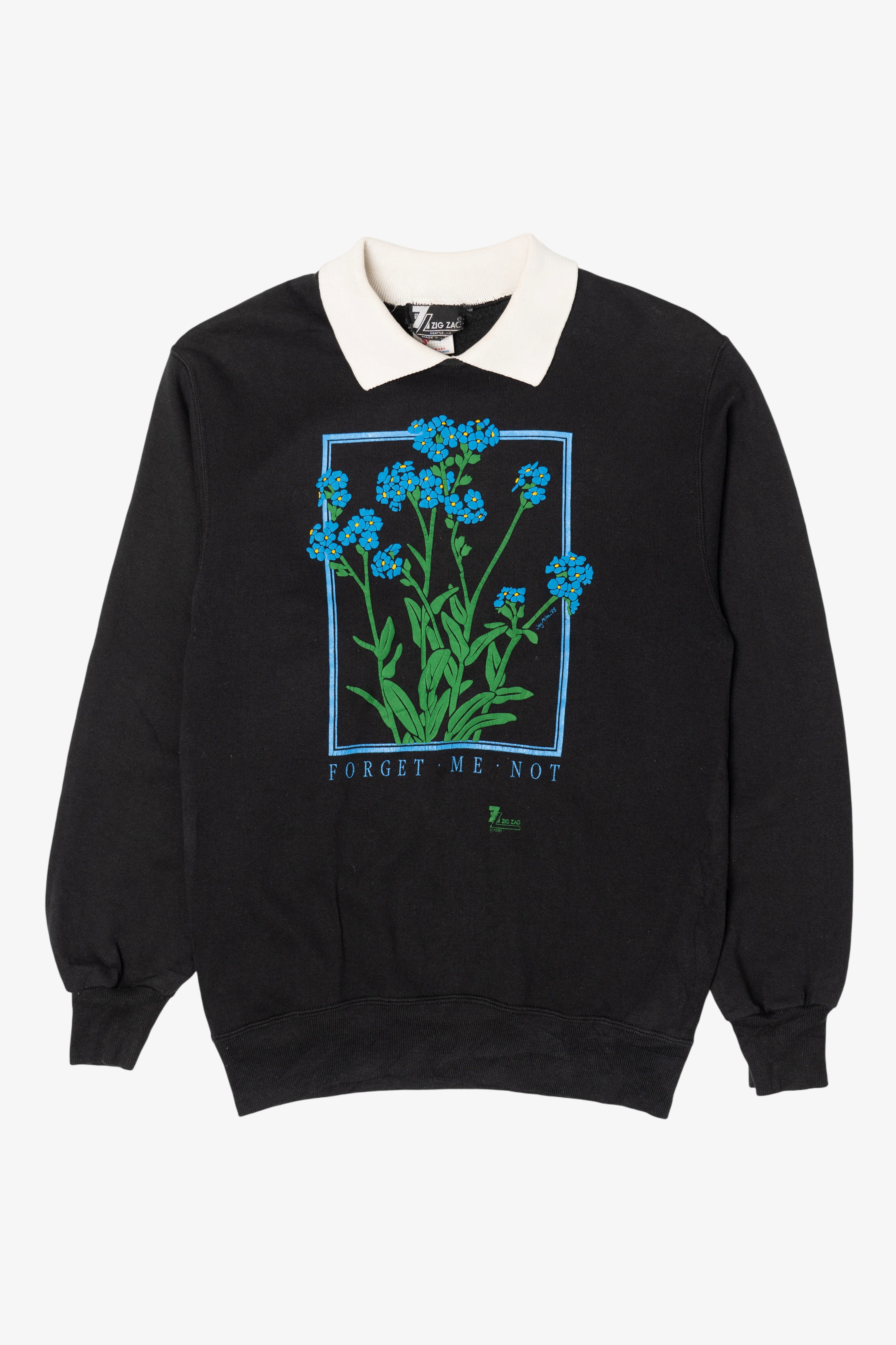 Vintage "Forget Me Not" Spellout Flowers Sweatshirt With Collar (1980s)