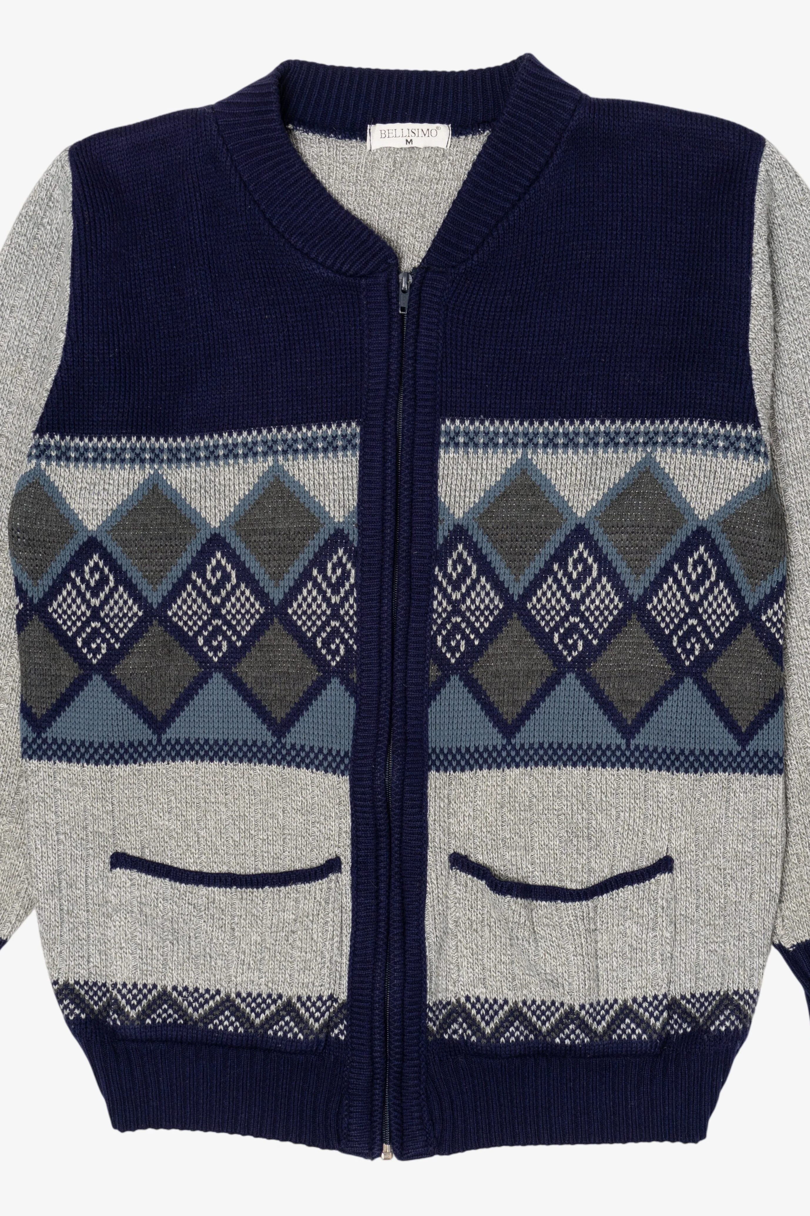 Vintage Gray And Navy Blue Bellisimo Zip Up Sweater (1990s) - Image 5
