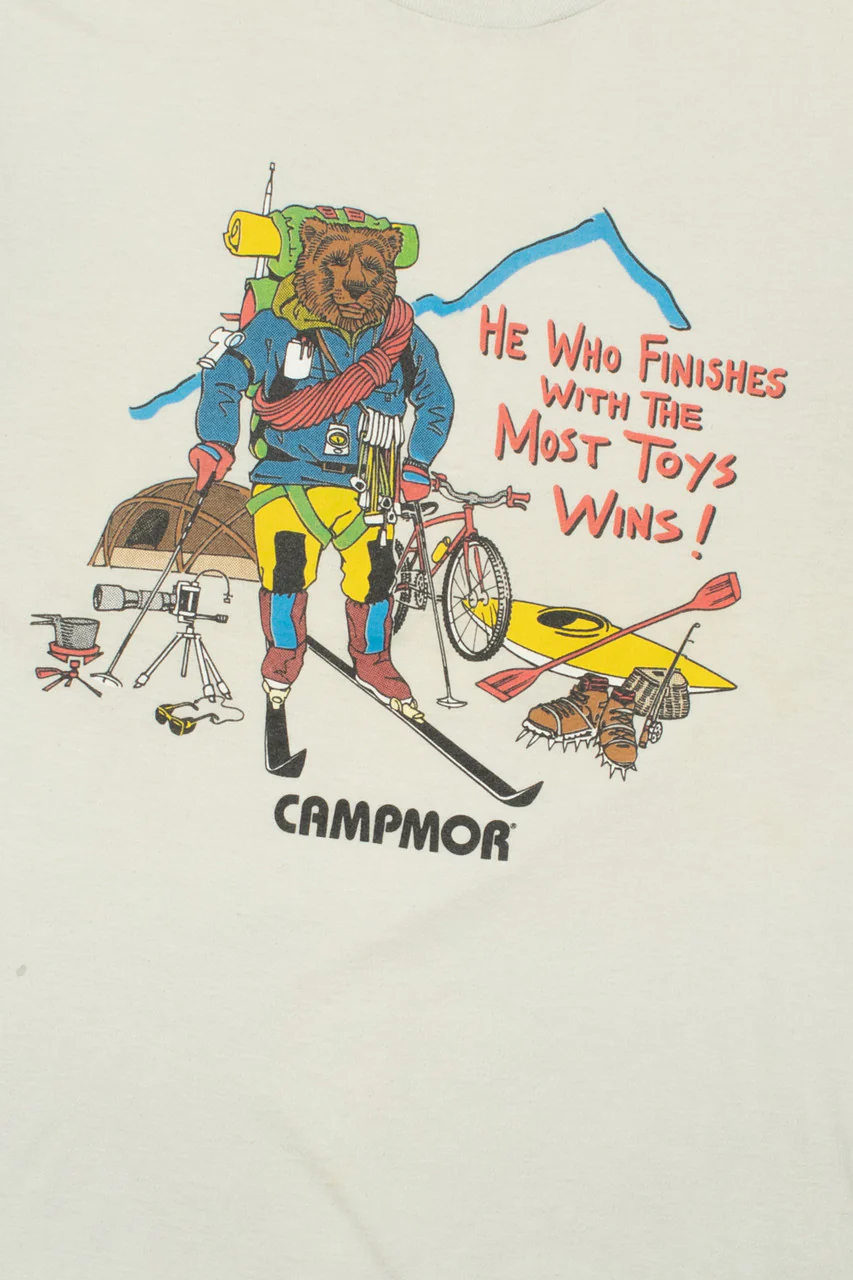 Vintage "He Who Finishes With The Most Toys Wins" Campmor T-Shirt - Image 2