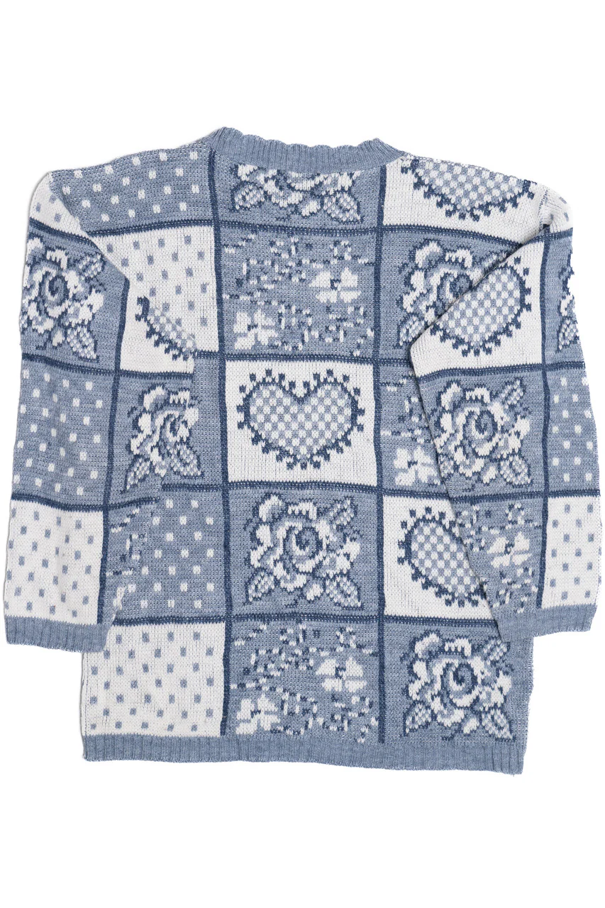 Vintage Heart & Rose Grid 80s Sweater - Image 2