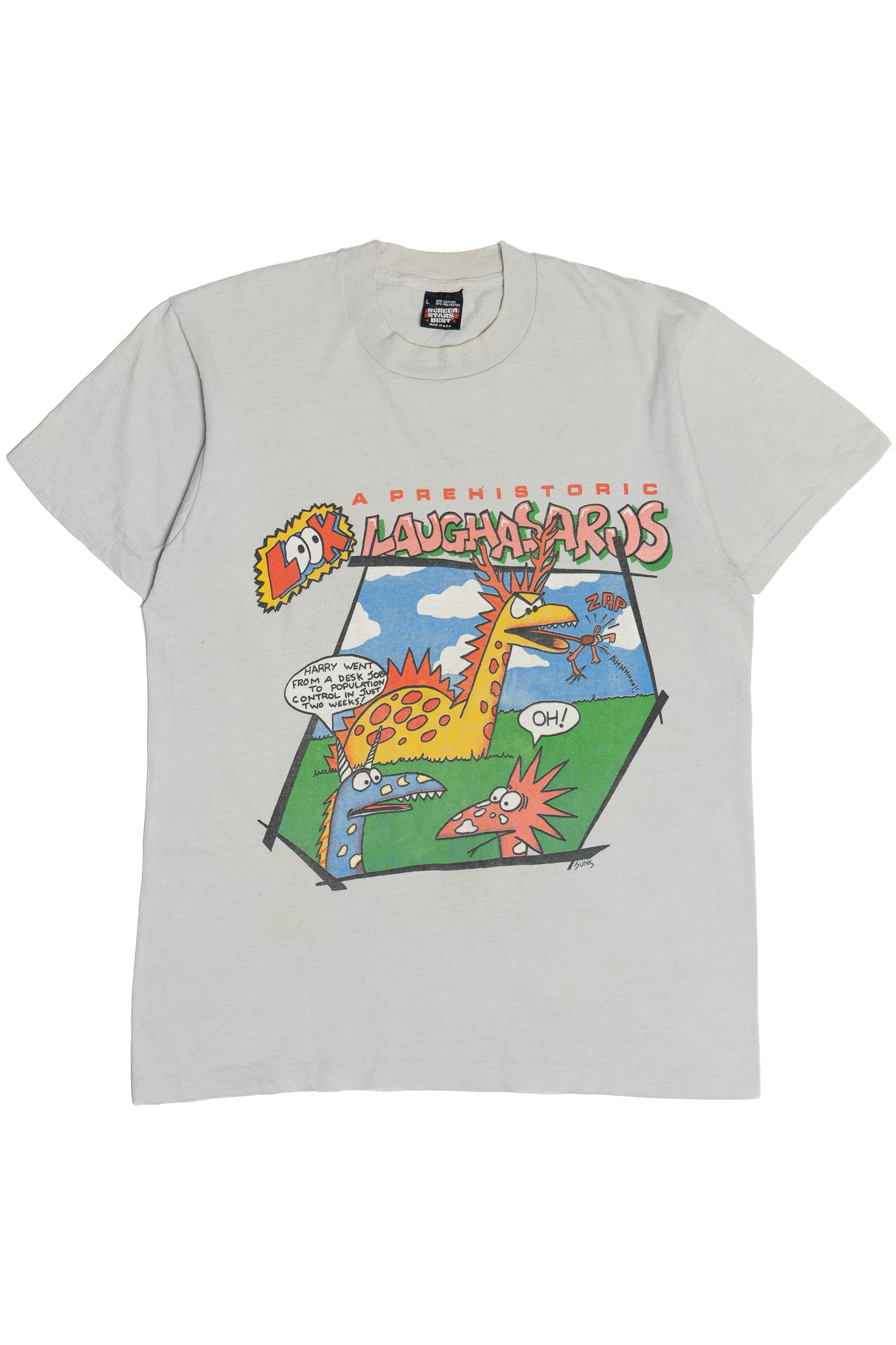 Vintage "Prehistoric Laughasarus" Dinosaur Comic T-Shirt (1990s)