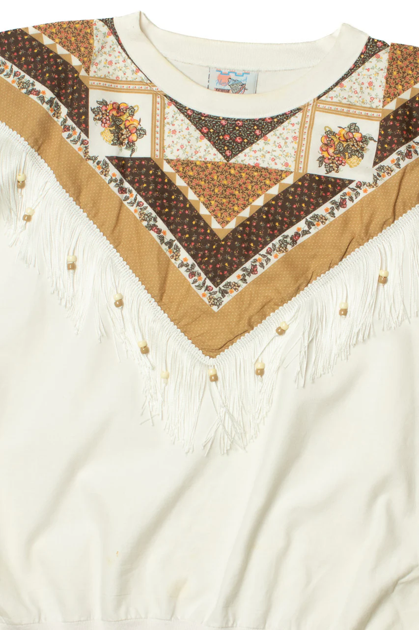Vintage Quilt Print Beaded Fringe Hazelwood T-Shirt - Image 2