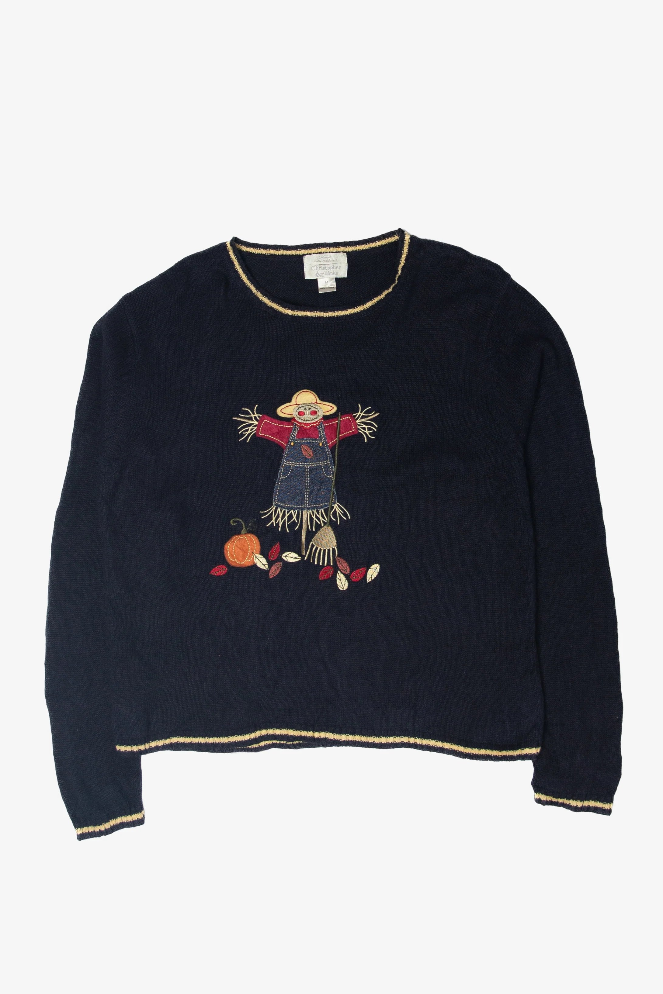 Vintage Scarecrow Front/Back Hand Embroidered Harvest Sweater (1990s)