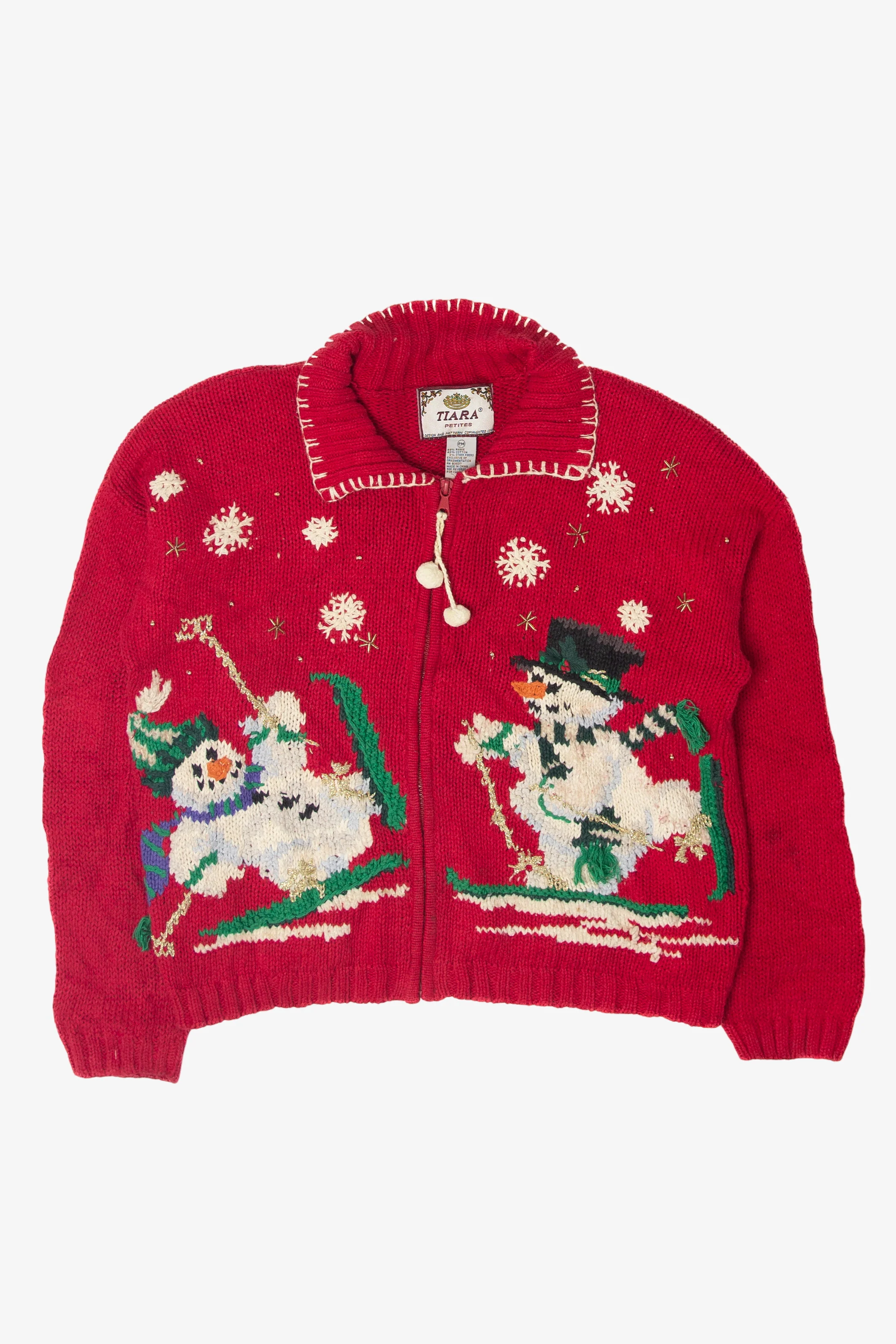 Vintage Snowmen Skiing Ugly Christmas Cardigan (1990s)