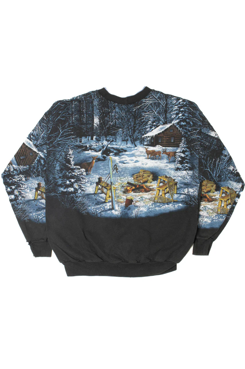 Vintage Snowy Cabin Scene Hidden Side Pockets Sweatshirt - Image 3