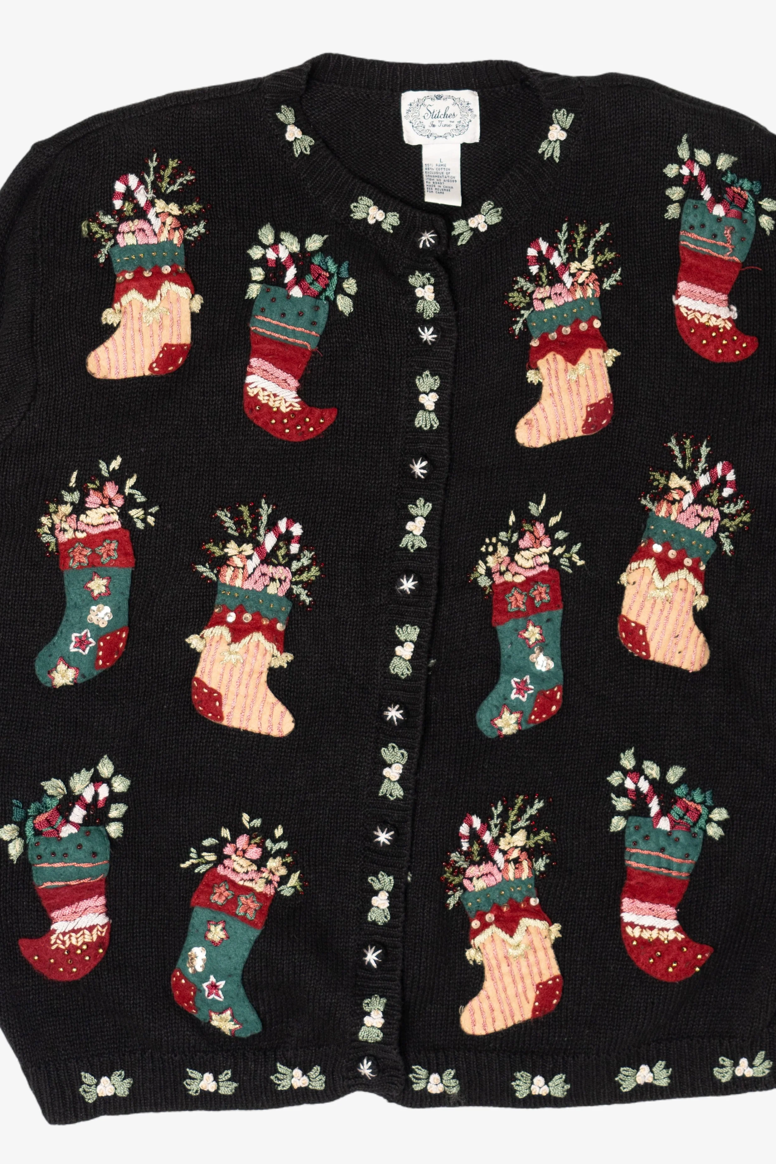 Vintage Stitches In Time Stockings Ugly Christmas Cardigan (1990s) - Image 3