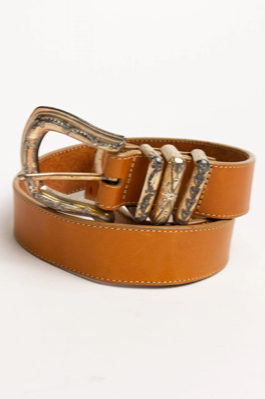 Vintage Tan Engraved Buckle Belt - Image 2