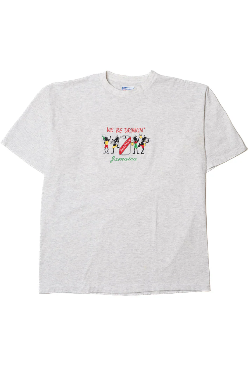 Vintage "We Be Drinkin'" Jamaica Red Stripe Beer Embroidered T-Shirt - Image 4