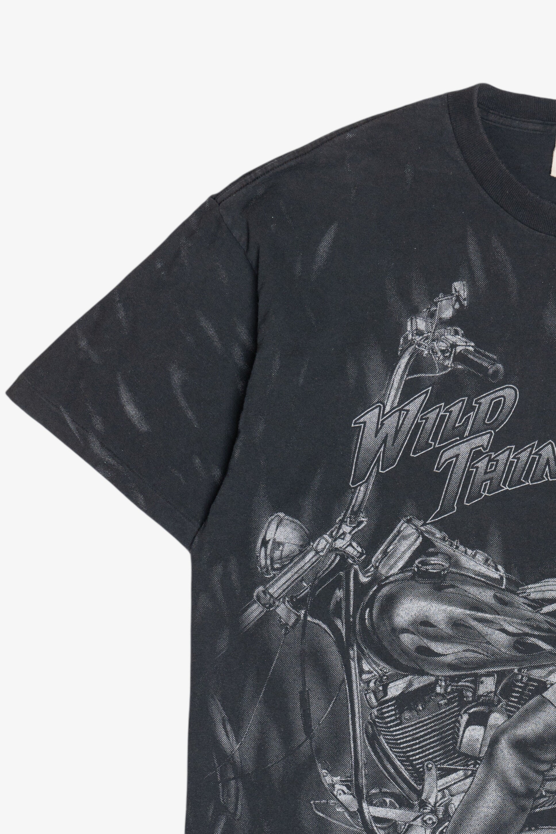 Vintage "Wild Thing" Motorcycle Pin-Up Girl Flames All Over Print T-Shirt (1990s) - Image 8