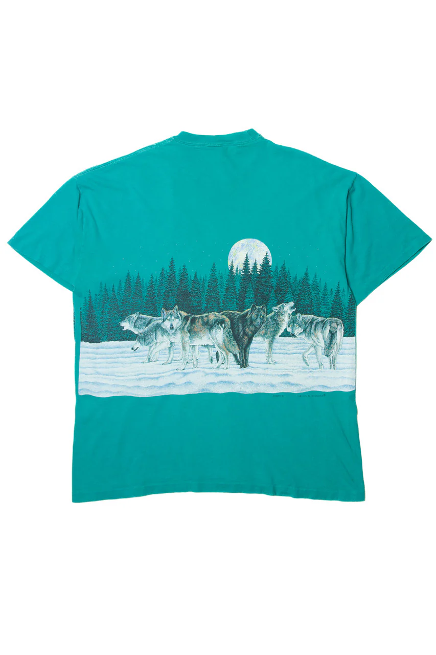 Vintage Wolf Pack Under The Moon Wrap Around Illustration T-Shirt - Image 2