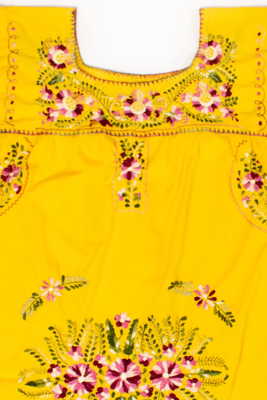 Vintage Yellow Floral Huipil Dress