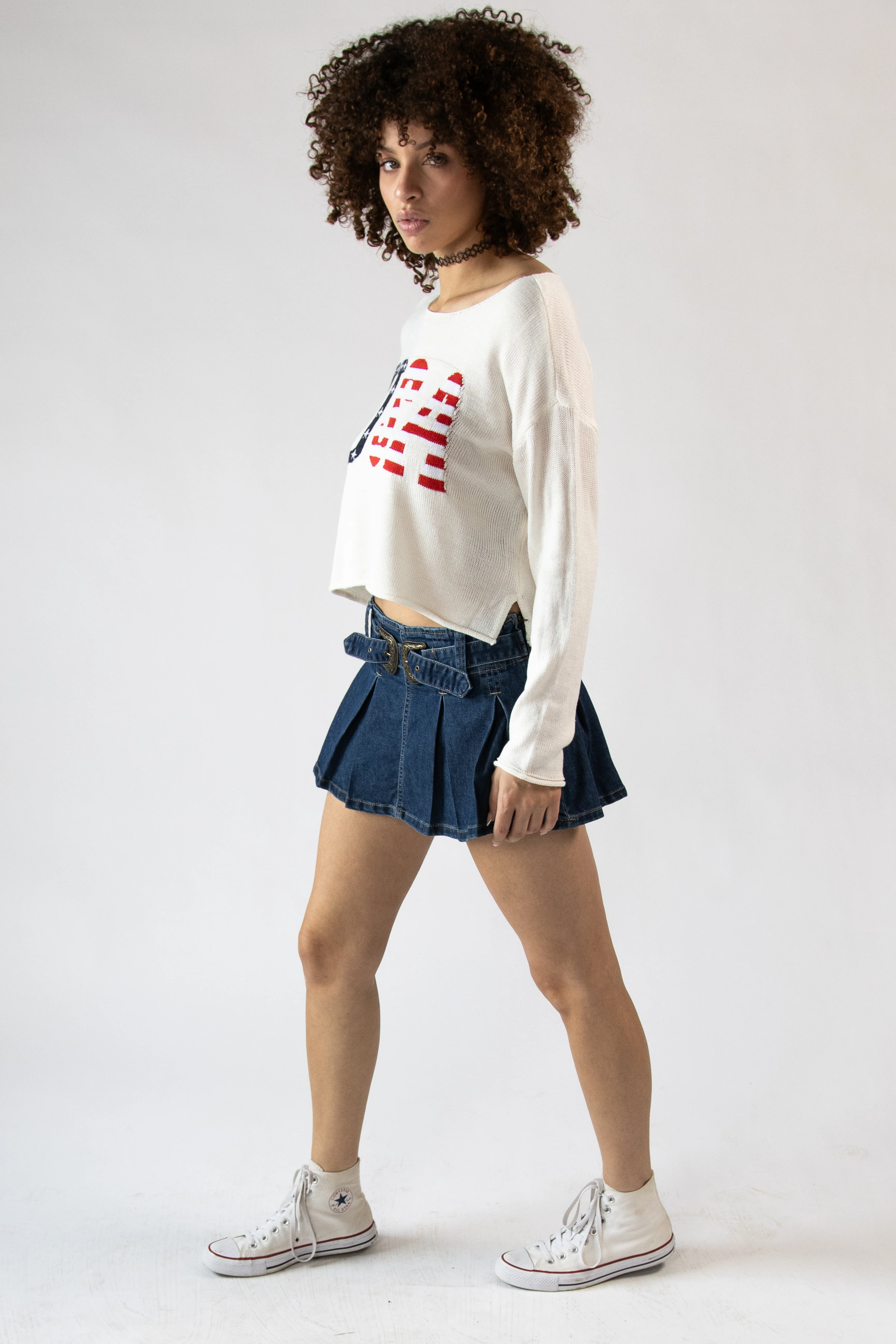 Double Buckle Belted Denim Mini Skort - Image 5
